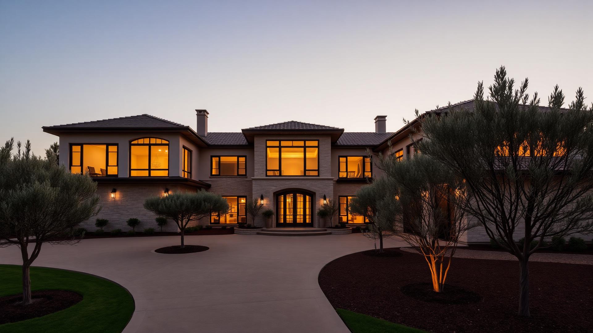 Luxury estate at dusk with warm glowing windows