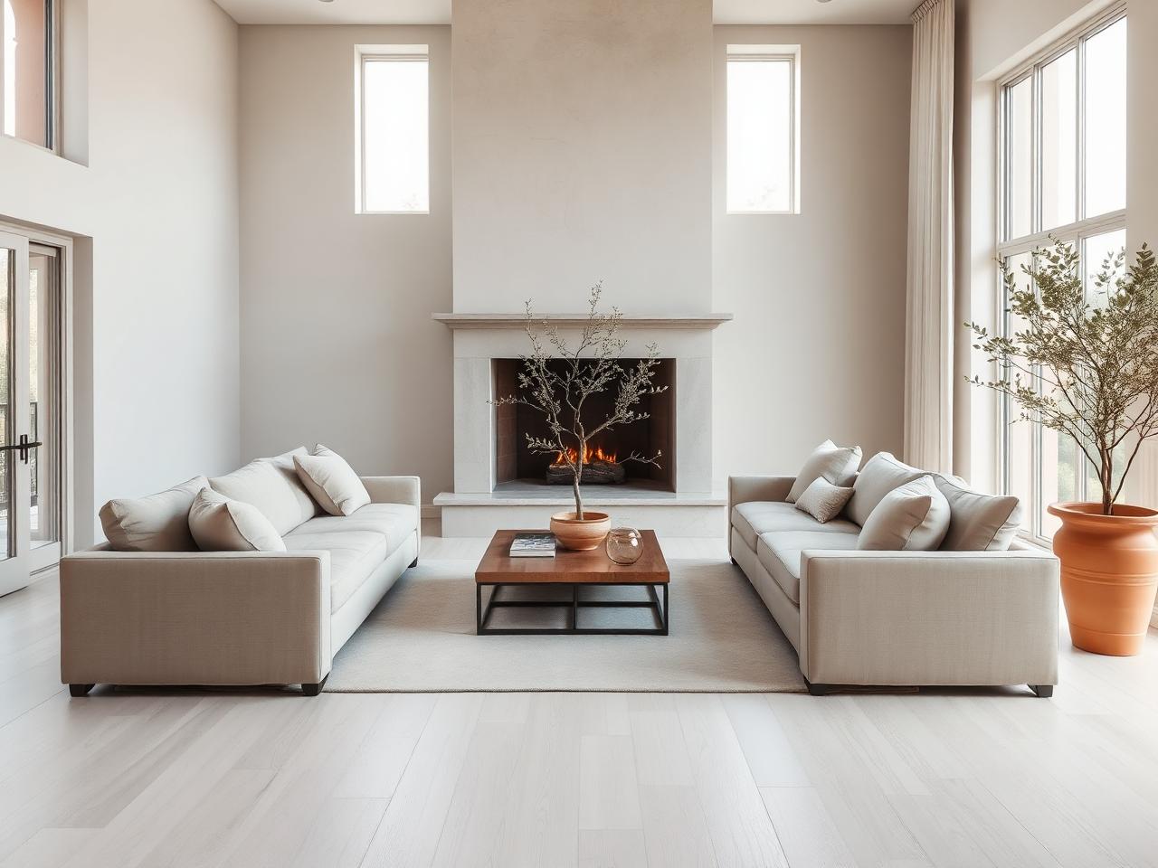 Serene luxury living room with limestone fireplace